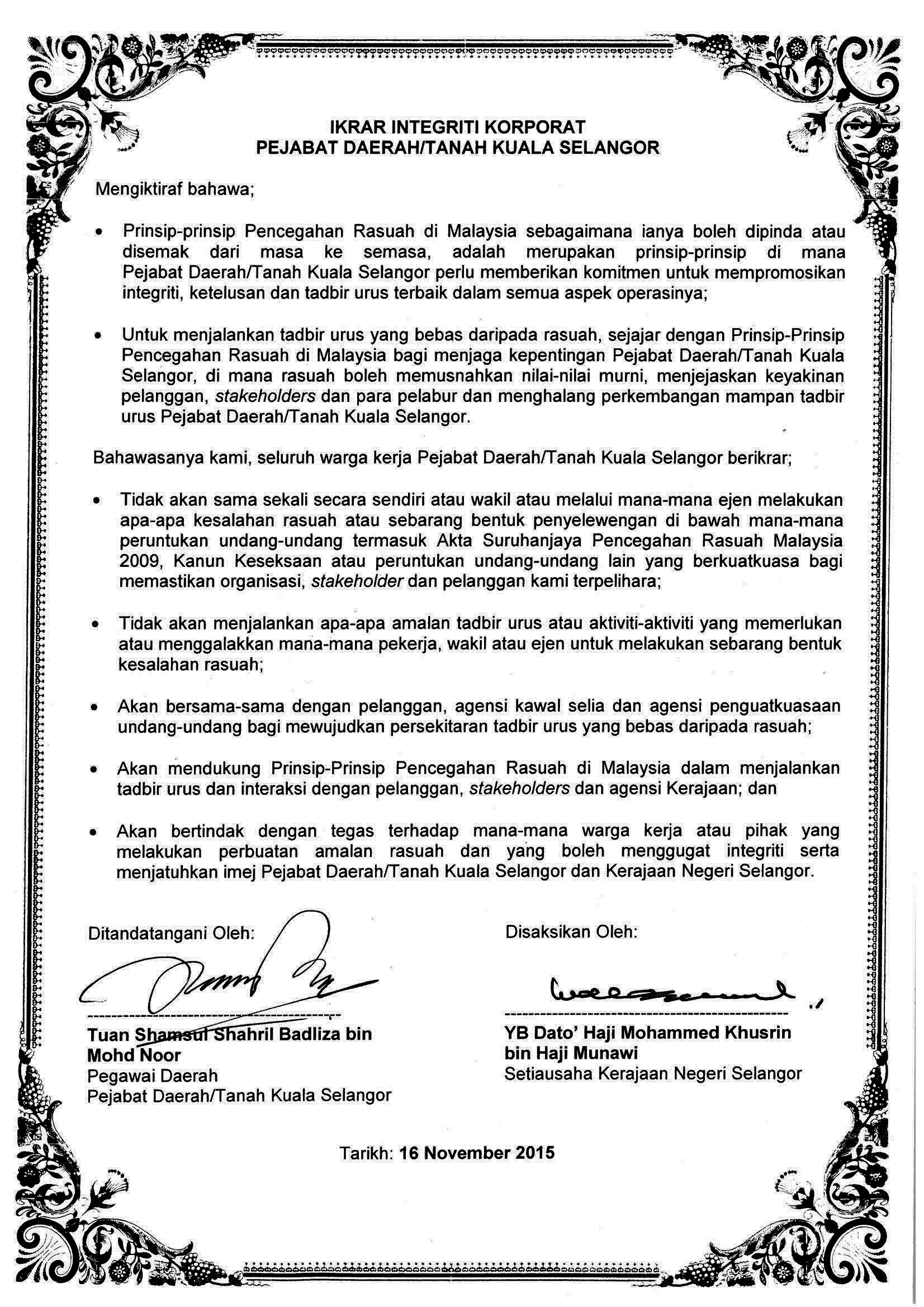 Portal Rasmi PDT Kuala Selangor Ikrar Integriti Korporat